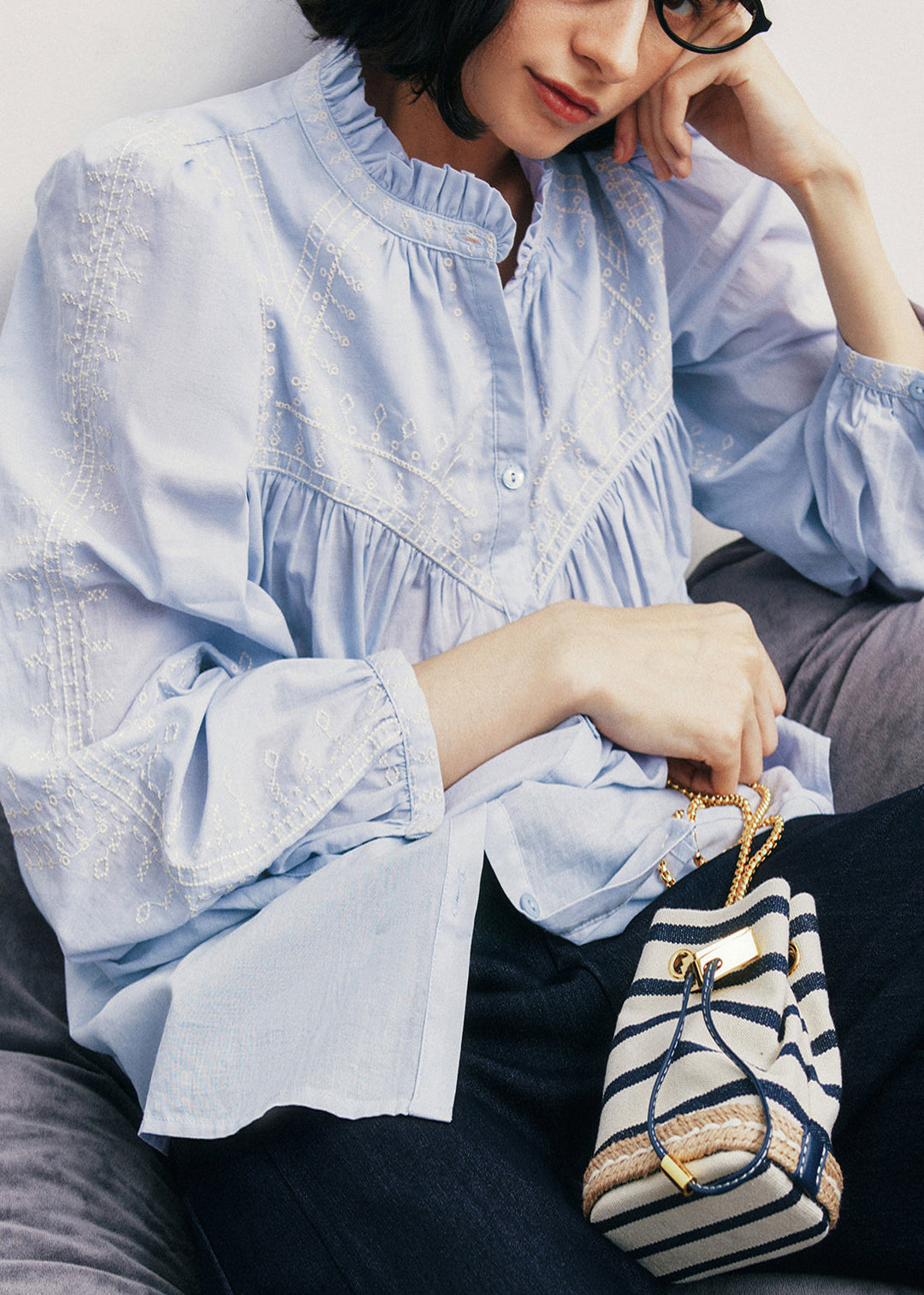 New Blue Ruffled Button Patchwork Cotton Shirts Top Fall