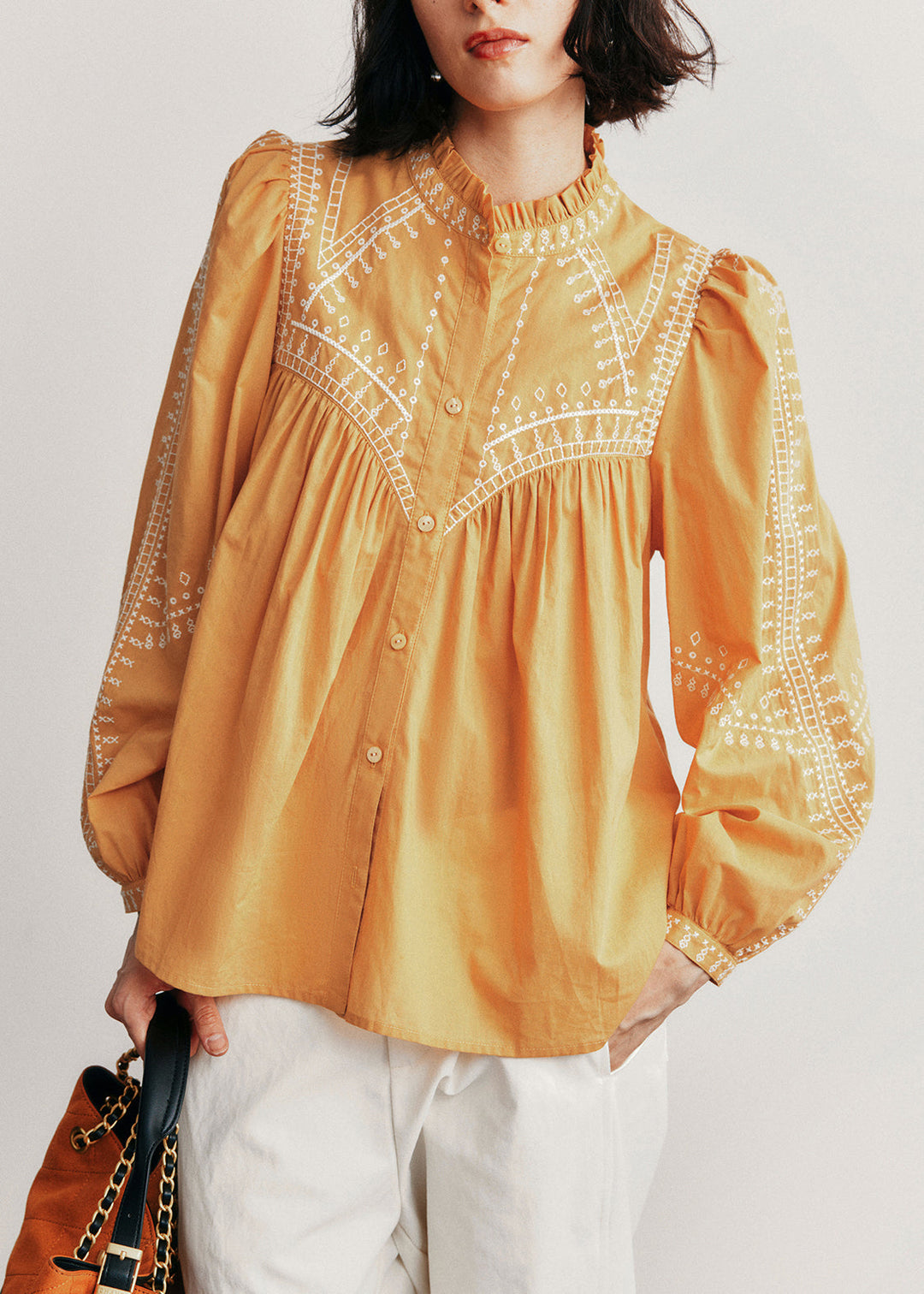 New Blue Ruffled Button Patchwork Cotton Shirts Top Fall