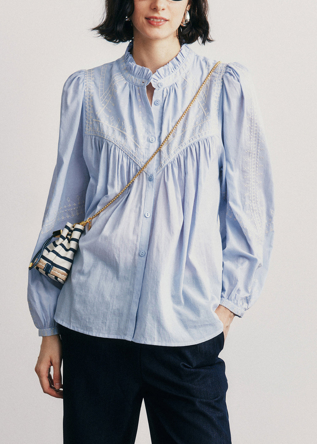New Blue Ruffled Button Patchwork Cotton Shirts Top Fall