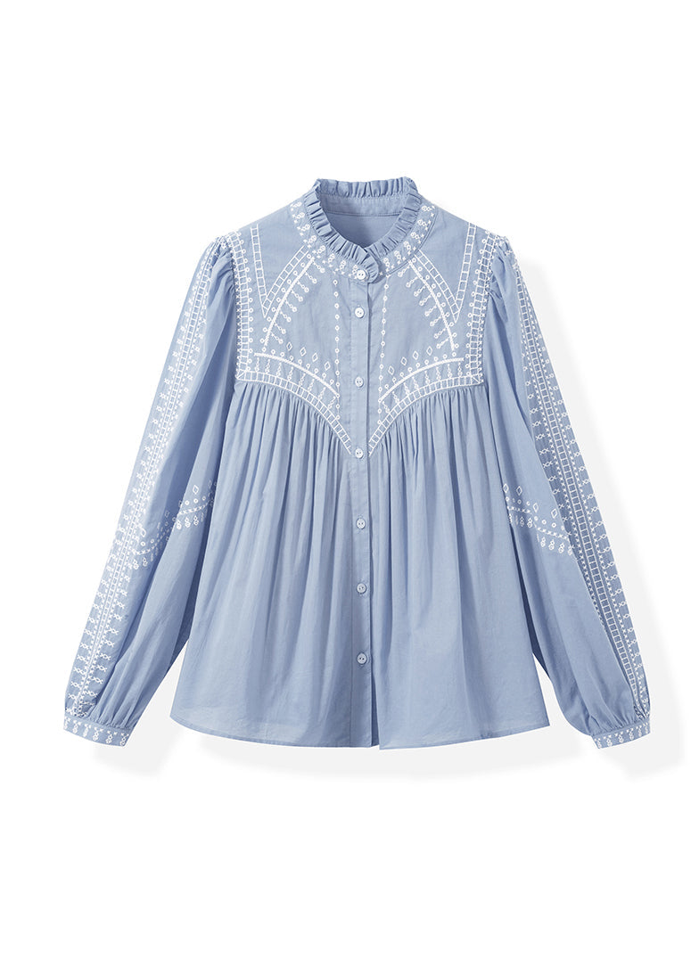 New Blue Ruffled Button Patchwork Cotton Shirts Top Fall