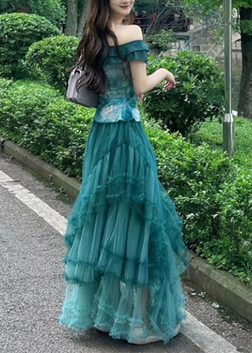 New Blue Slash Neck Tops And Ruffled Skirts Two Pieces Set Summer