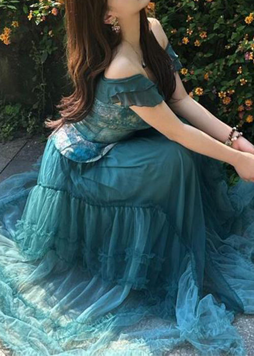 New Blue Slash Neck Tops And Ruffled Skirts Two Pieces Set Summer