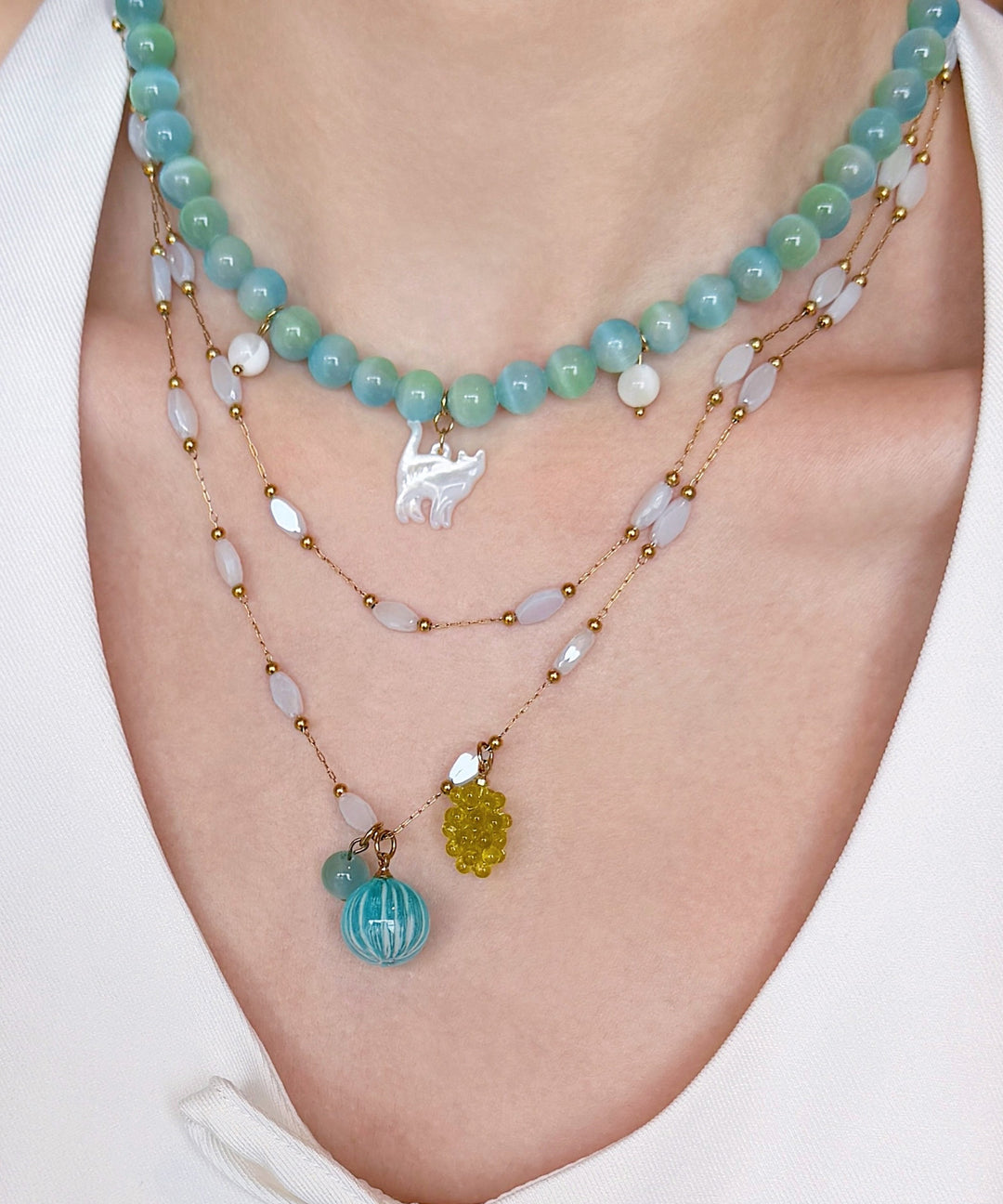 New Blue Stringing Beads Layering Alloy Two Piece Set Pendant Necklace