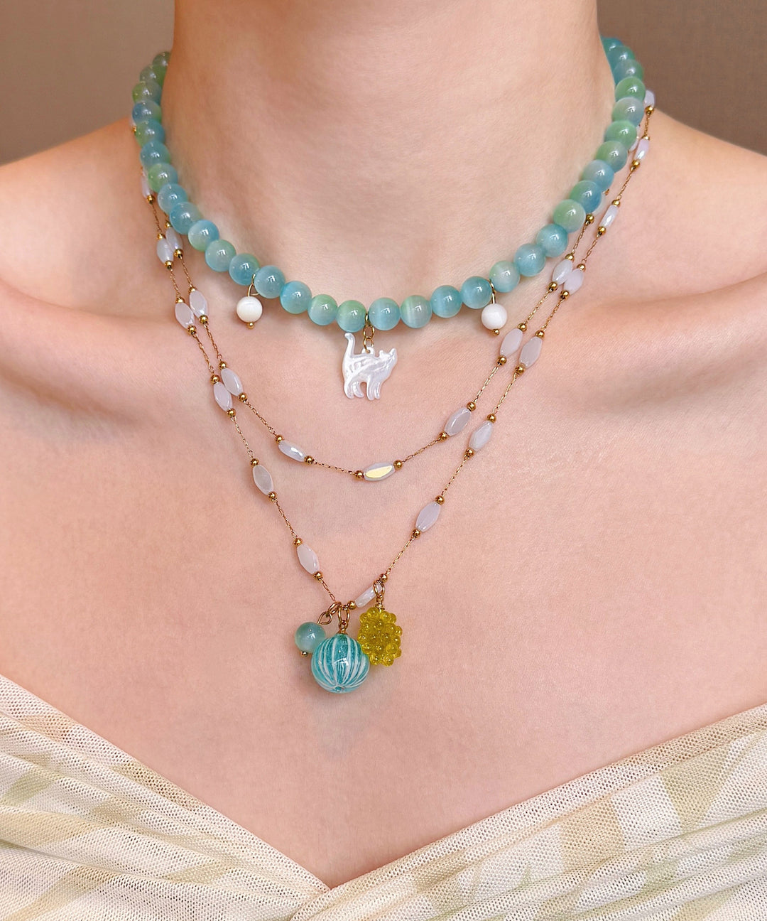 New Blue Stringing Beads Layering Alloy Two Piece Set Pendant Necklace