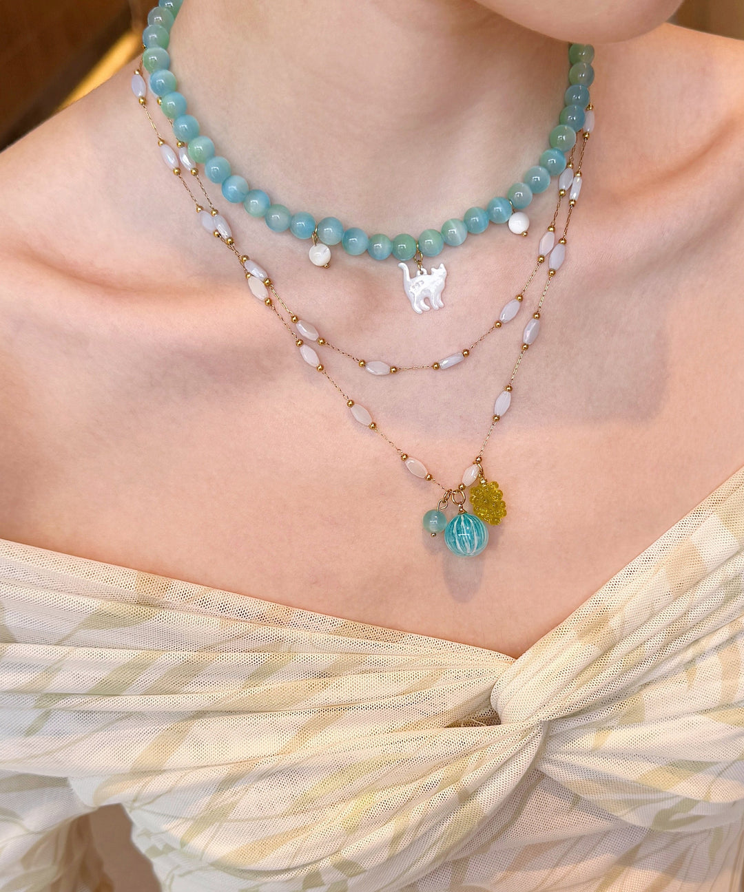 New Blue Stringing Beads Layering Alloy Two Piece Set Pendant Necklace