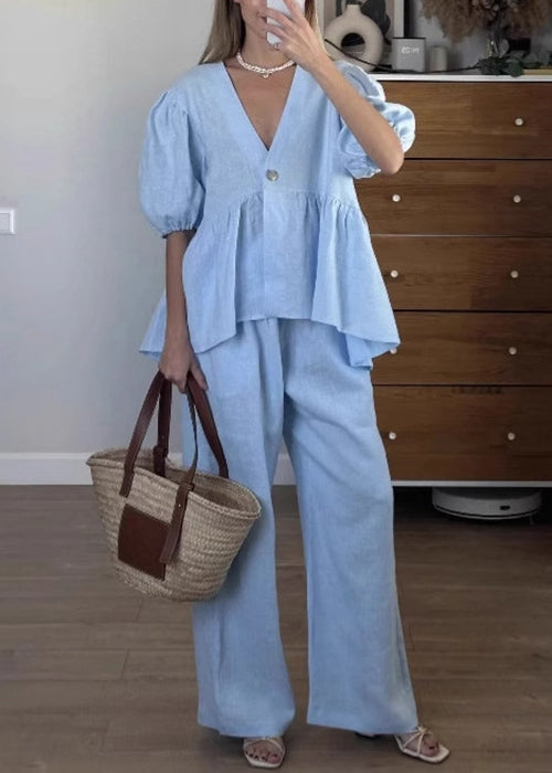 New Blue V Neck Button Pockets Cotton Two Piece Set Summer