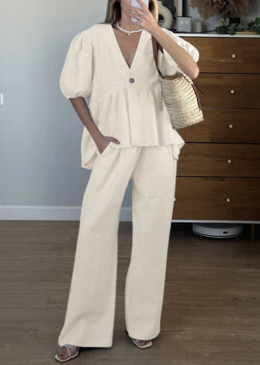 New Blue V Neck Button Pockets Cotton Two Piece Set Summer