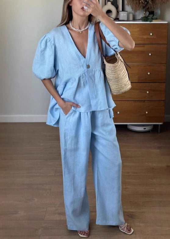 New Blue V Neck Button Pockets Cotton Two Piece Set Summer