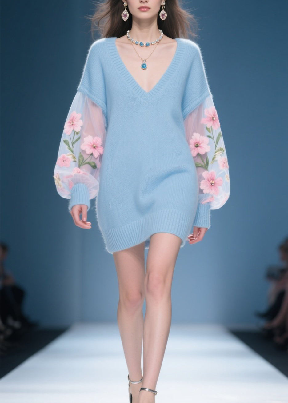 New Blue V Neck Floral Patchwork Knit Sweater Dress Fall