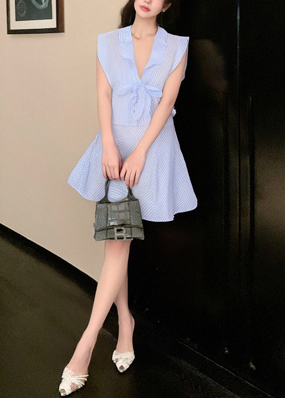 New Blue V Neck Lace Up Tops And Skirts Cotton Two Pieces Set Summer