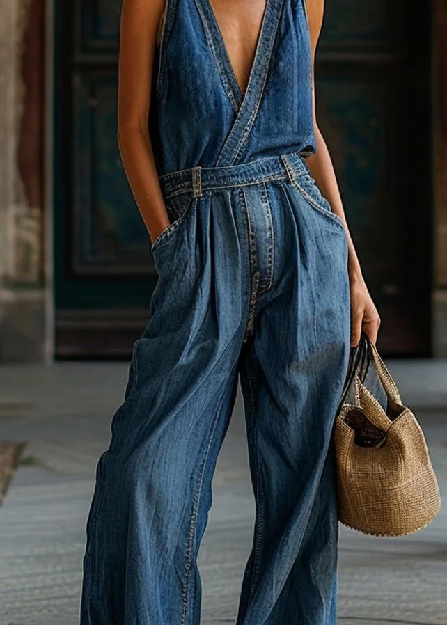 New Blue V Neck Pockets Denim Jumpsuit Sleeveless
