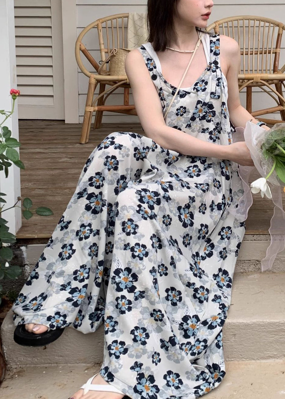 New Blue V Neck Print High Waist Cotton Jumpsuits Sleeveless