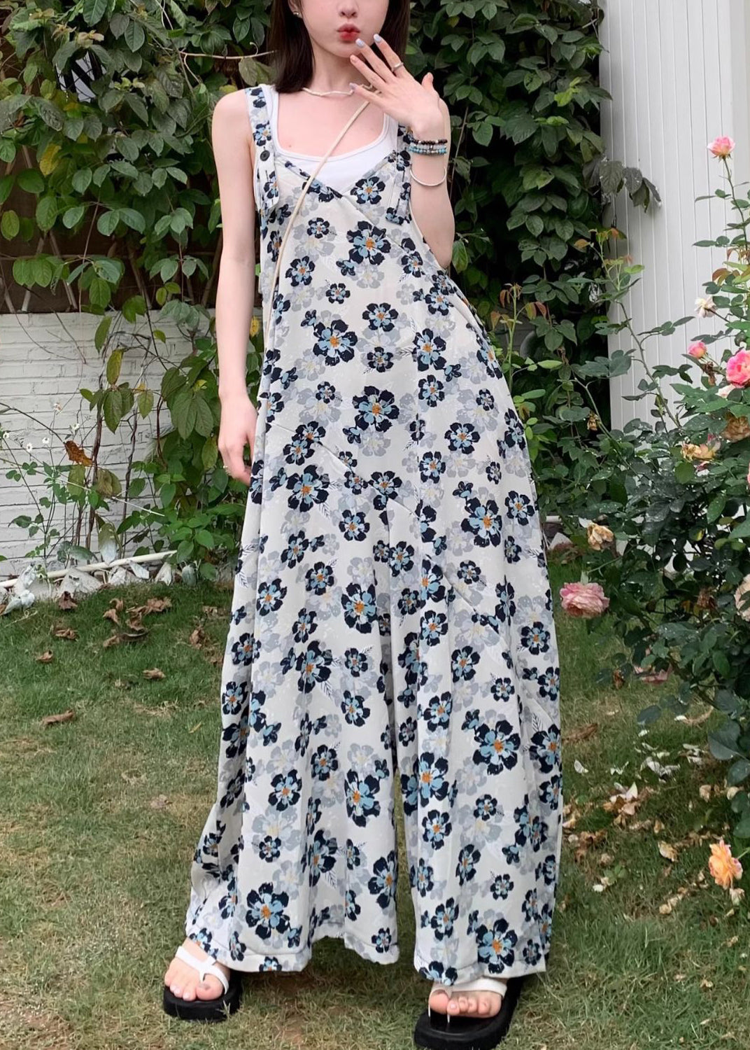 New Blue V Neck Print High Waist Cotton Jumpsuits Sleeveless