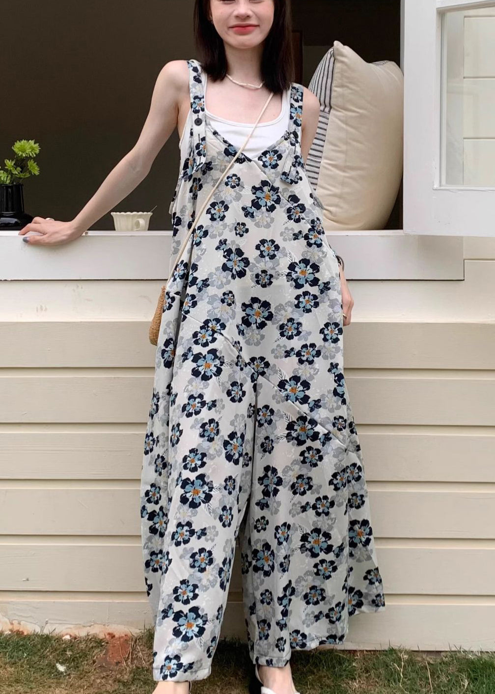New Blue V Neck Print High Waist Cotton Jumpsuits Sleeveless