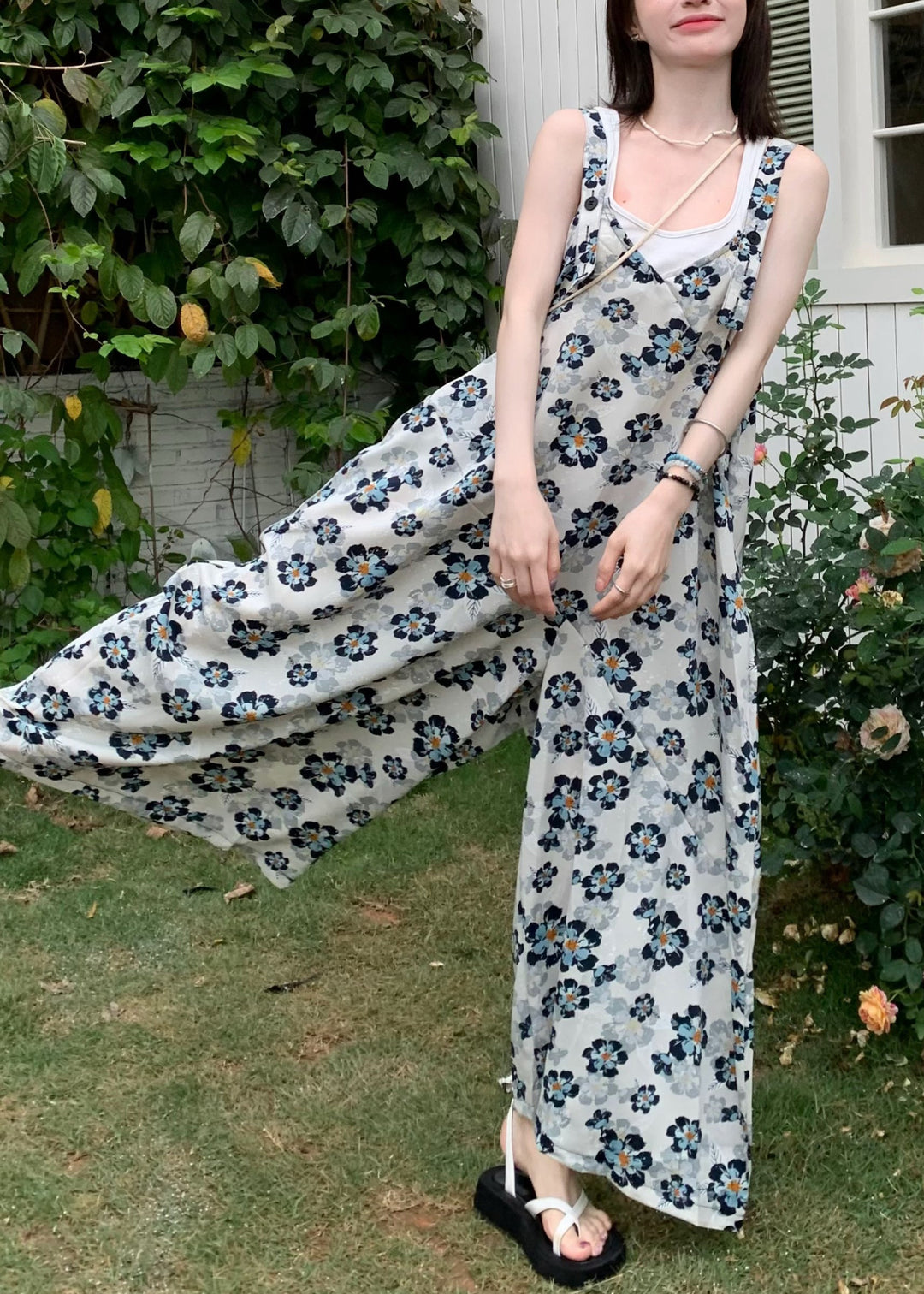 New Blue V Neck Print High Waist Cotton Jumpsuits Sleeveless