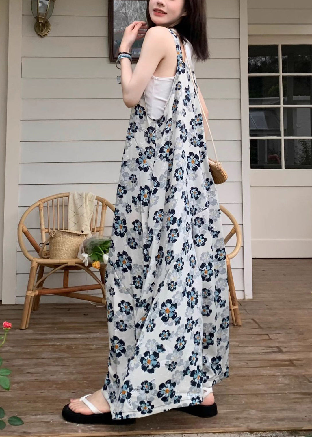 New Blue V Neck Print High Waist Cotton Jumpsuits Sleeveless