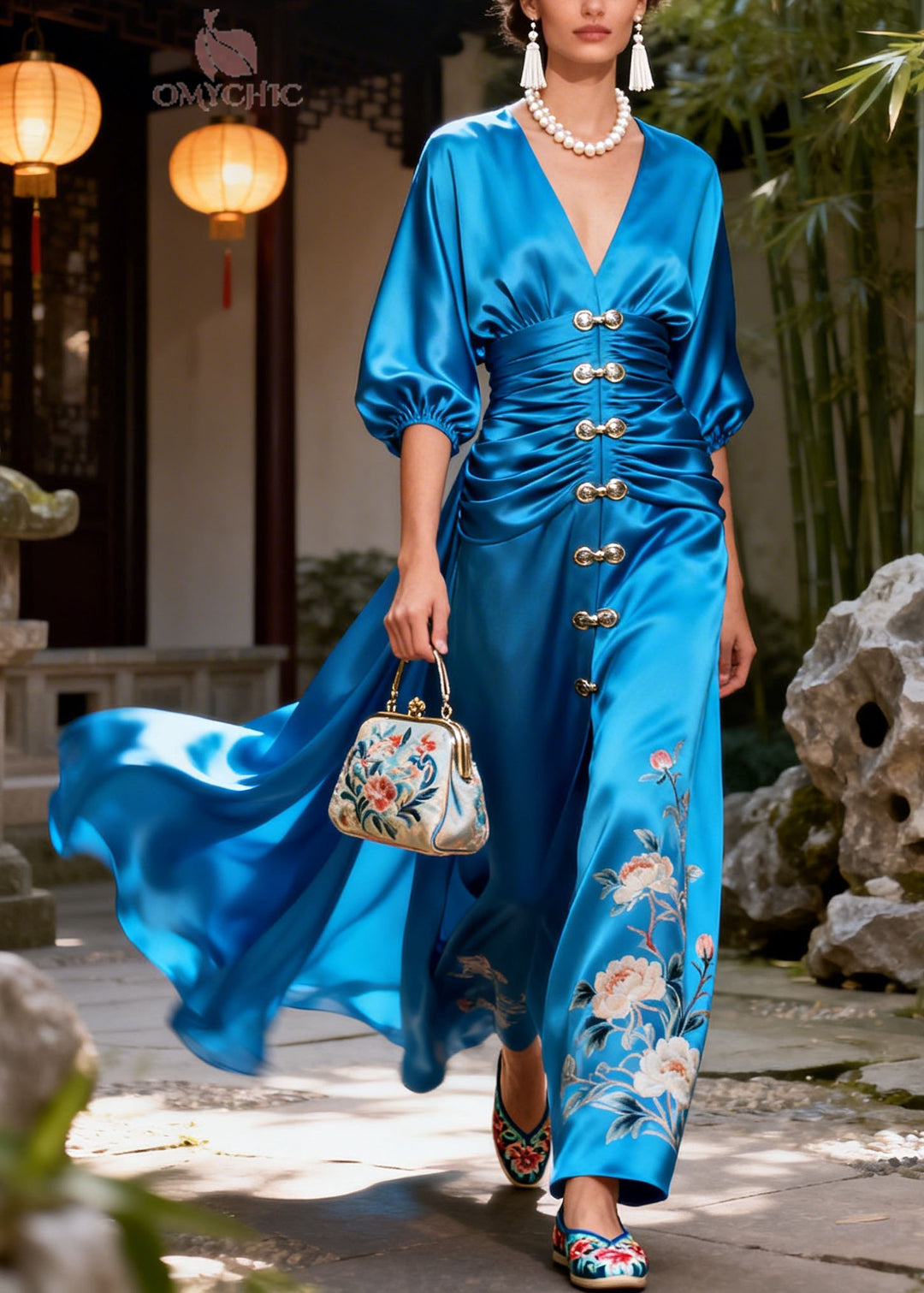 New Blue V Neck Print Patchwork Silk Dresses Summer