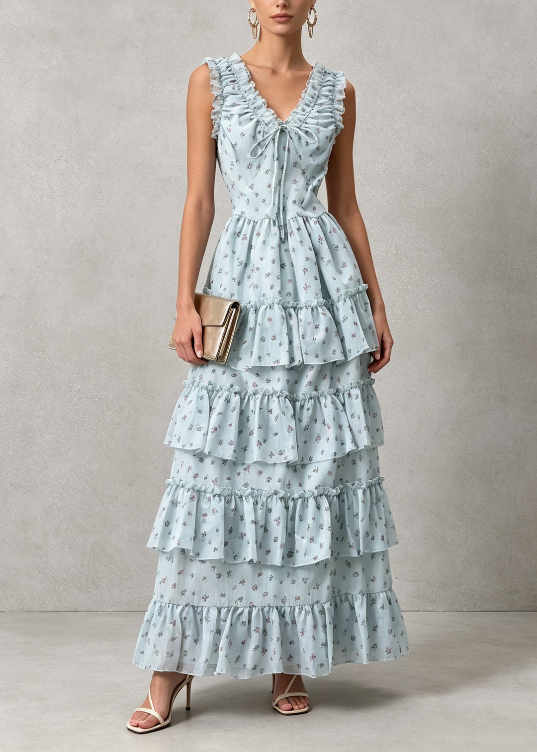 New Blue V Neck Ruffled Patchwork Cotton Maxi Dresses Summer