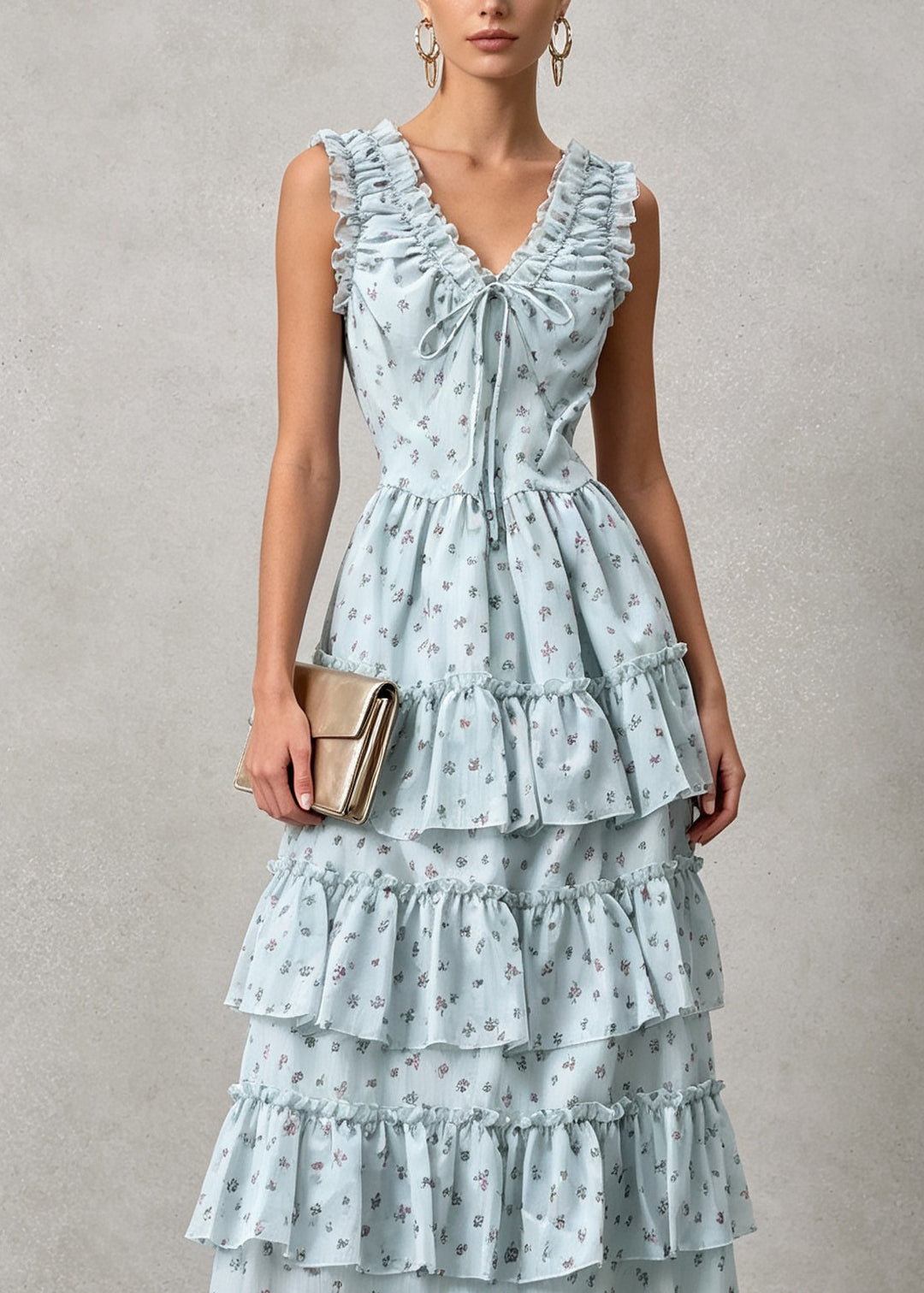 New Blue V Neck Ruffled Patchwork Cotton Maxi Dresses Summer