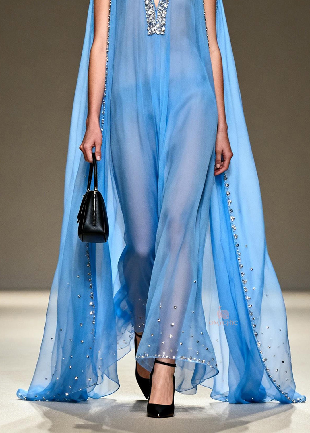 New Blue V Neck Zircon Patchwork Chiffon Maxi Dresses Summer