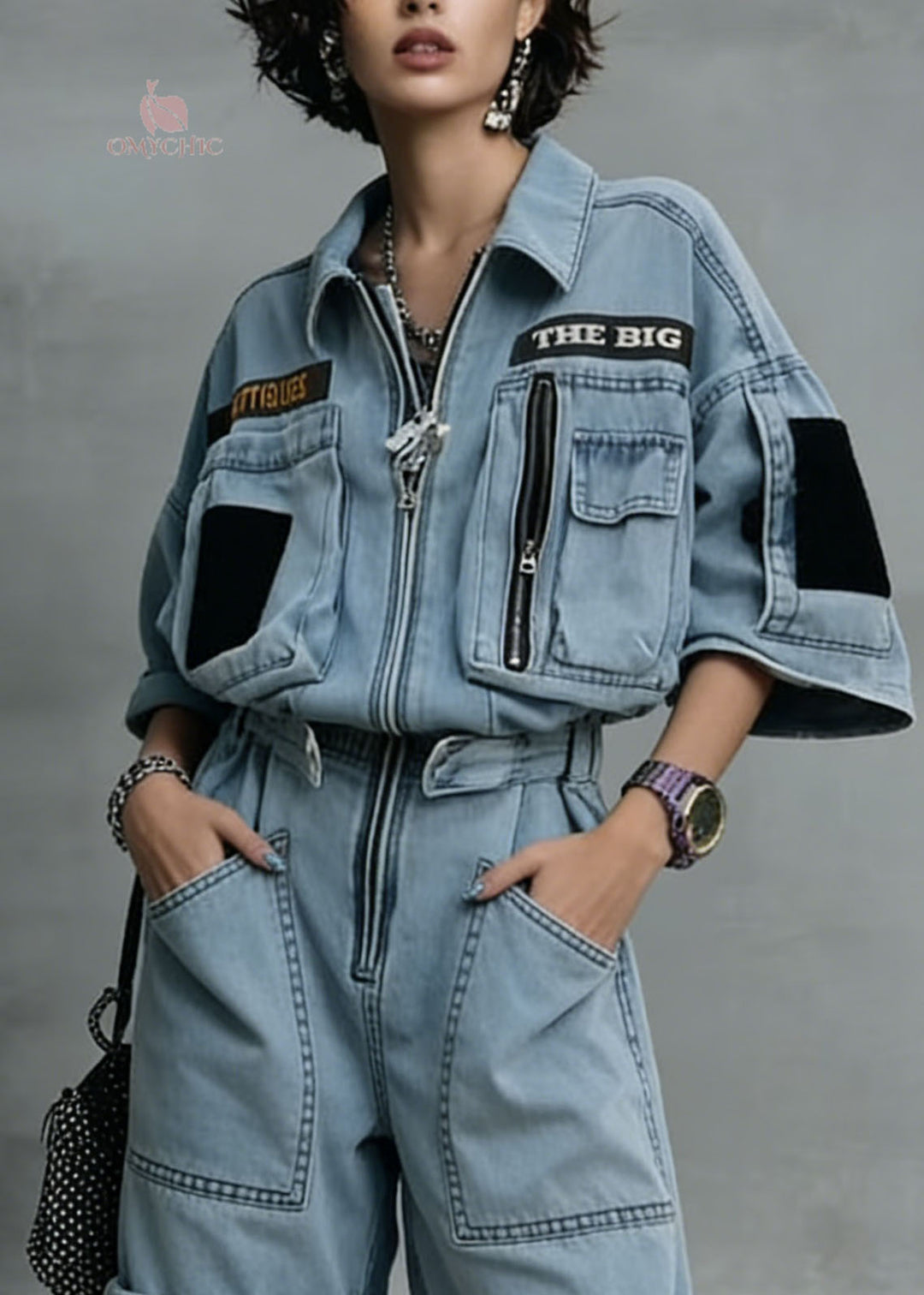 New Blue Zip Up Pockets Patchwork Denim Jumpsuit Summer
