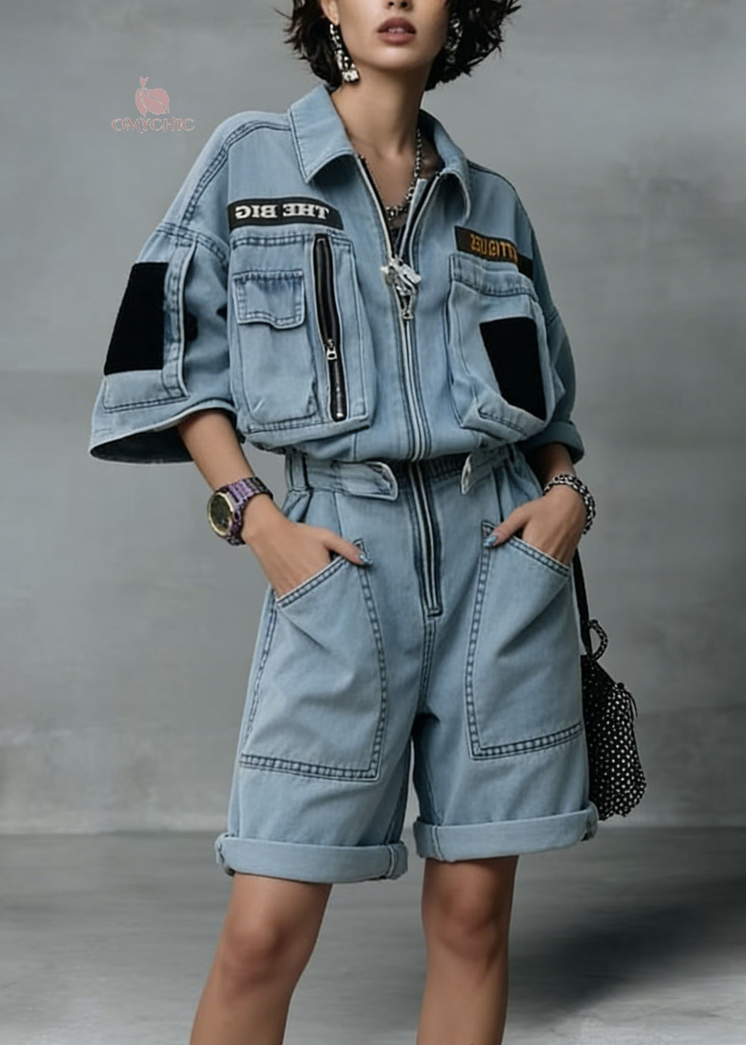 New Blue Zip Up Pockets Patchwork Denim Jumpsuit Summer