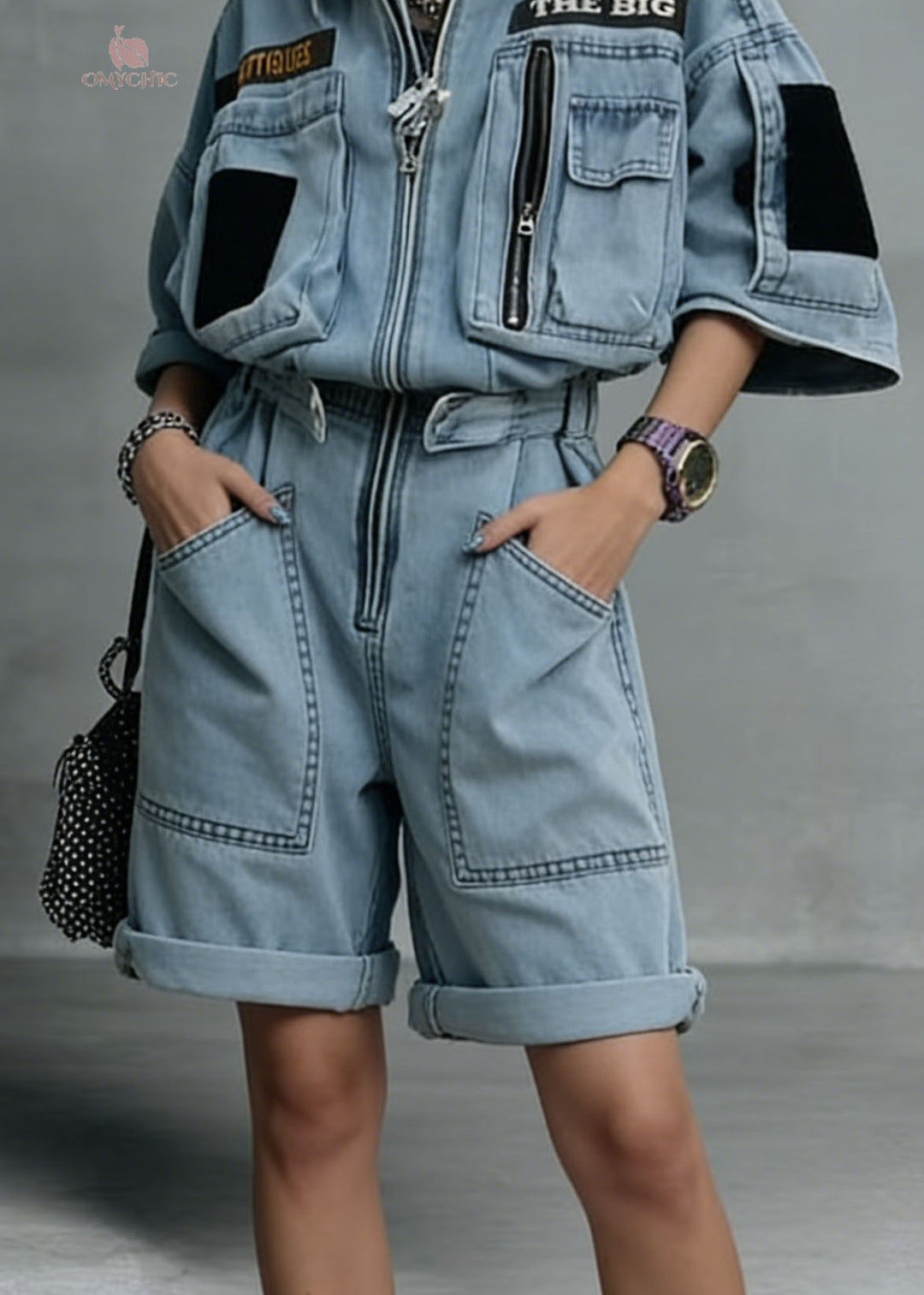 New Blue Zip Up Pockets Patchwork Denim Jumpsuit Summer