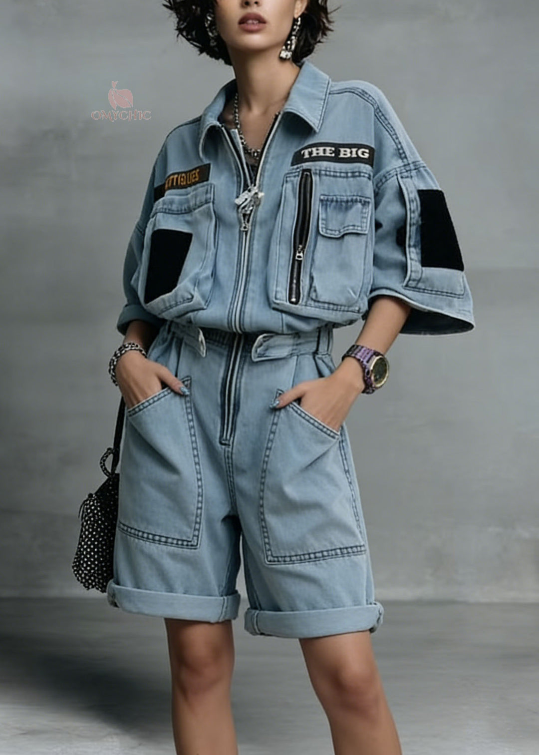 New Blue Zip Up Pockets Patchwork Denim Jumpsuit Summer