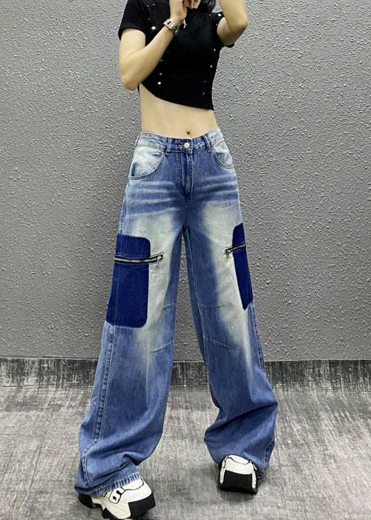 New Blue Zip Up Pockets Patchwork Denim Wide Leg Pants Fall