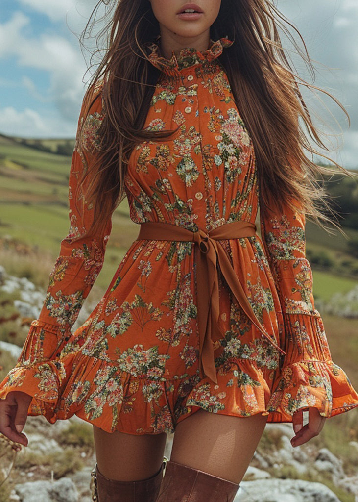 New Boho Orange Ruffled Print Cotton Short Dress Long Sleeve