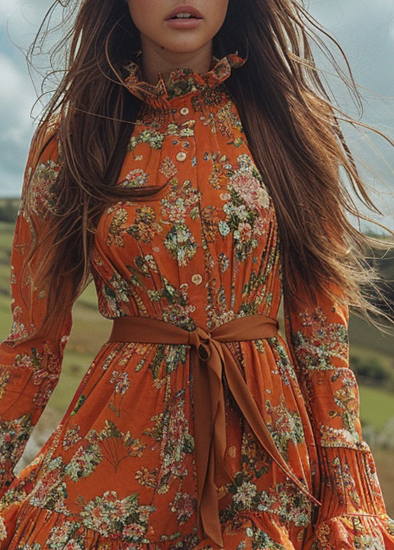 New Boho Orange Ruffled Print Cotton Short Dress Long Sleeve