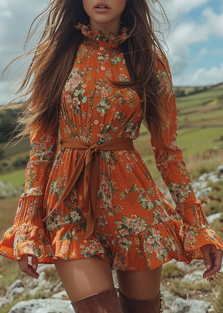 New Boho Orange Ruffled Print Cotton Short Dress Long Sleeve