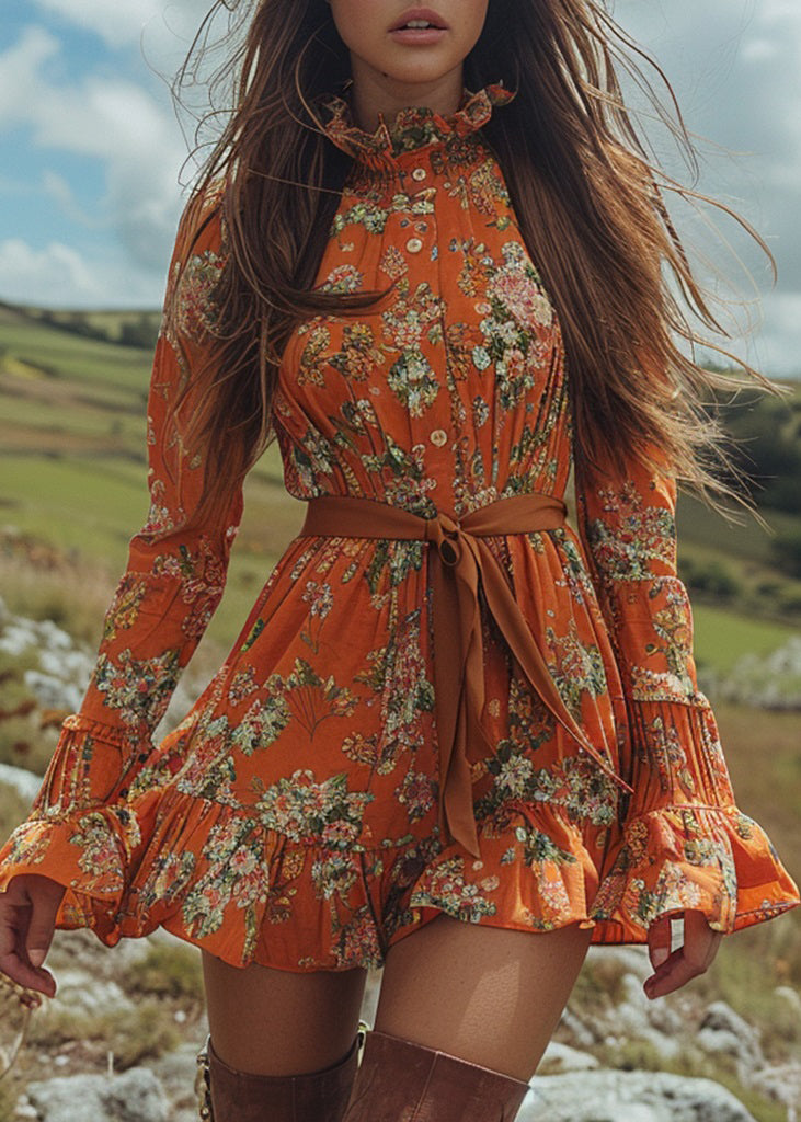 New Boho Orange Ruffled Print Cotton Short Dress Long Sleeve