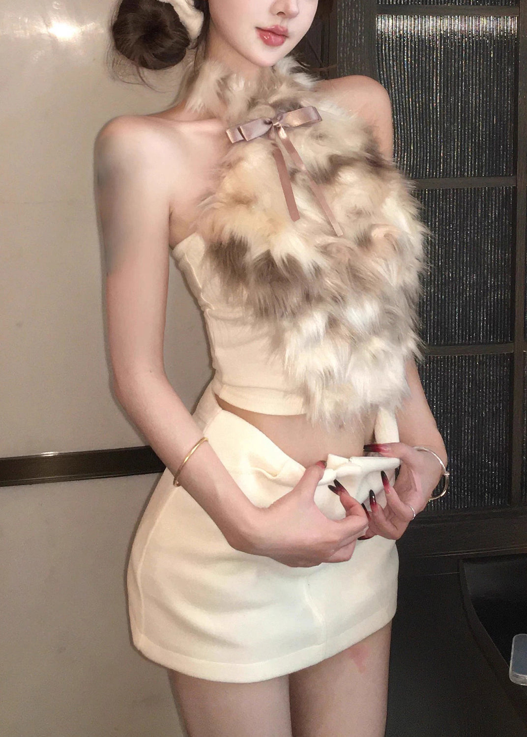 New Bow Fur Hair Splicing Neck Hanging Short Top Sleeveless