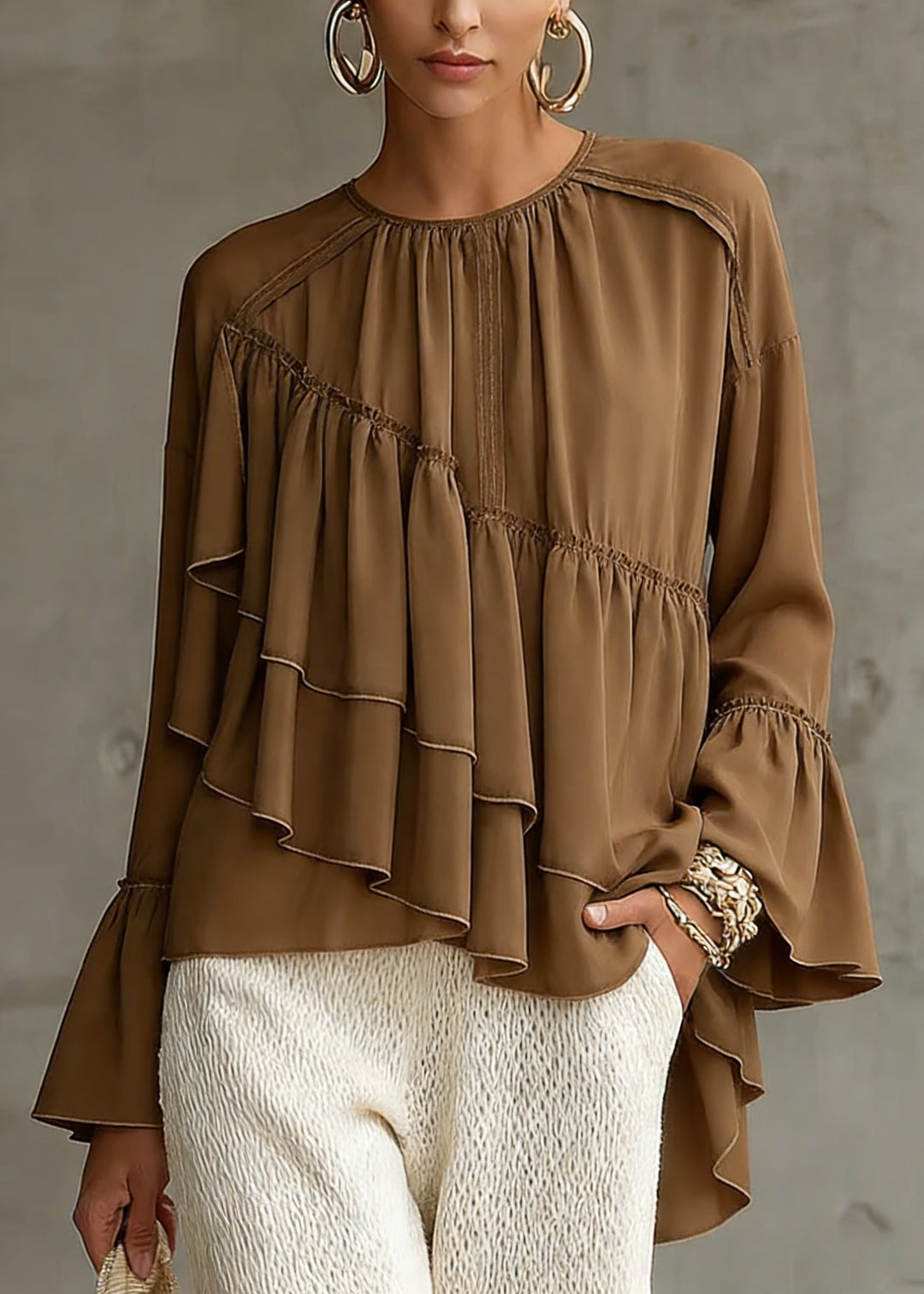 New Brown Asymmetrical Ruffled Patchwork Chiffon Shirt Top Spring - Omychic