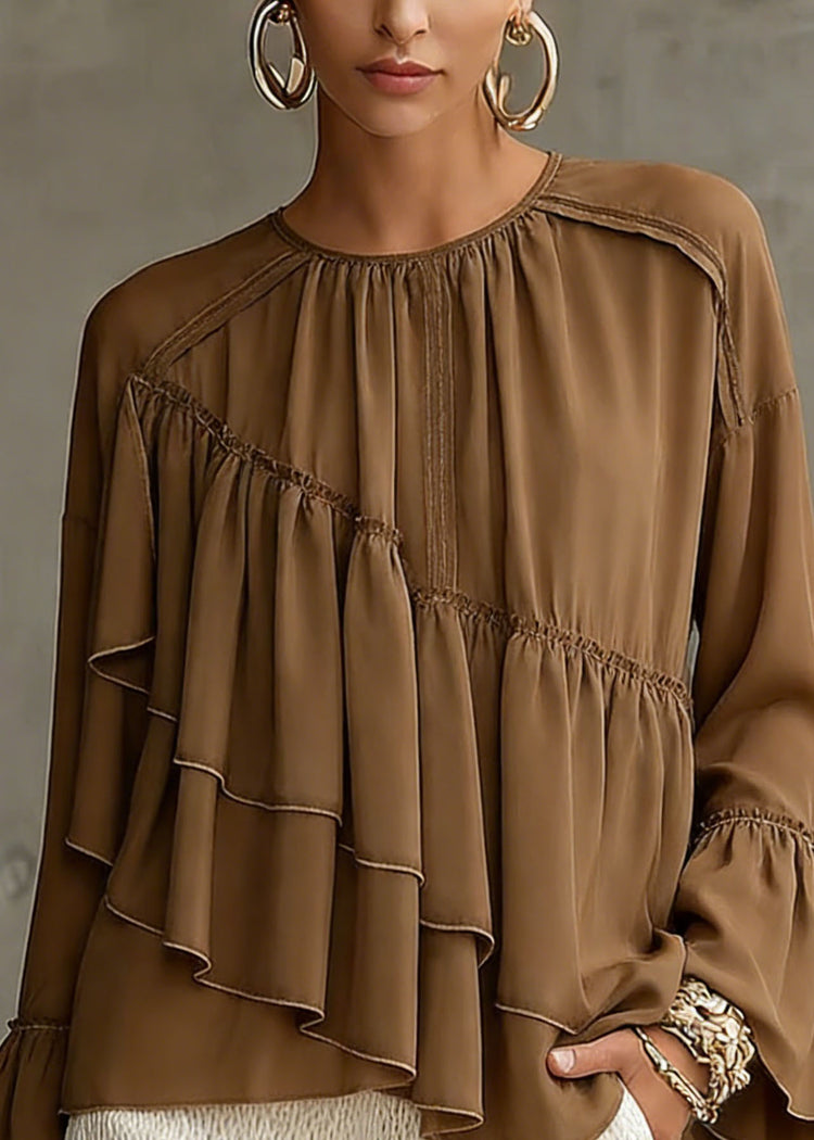 New Brown Asymmetrical Ruffled Patchwork Chiffon Shirt Top Spring - Omychic