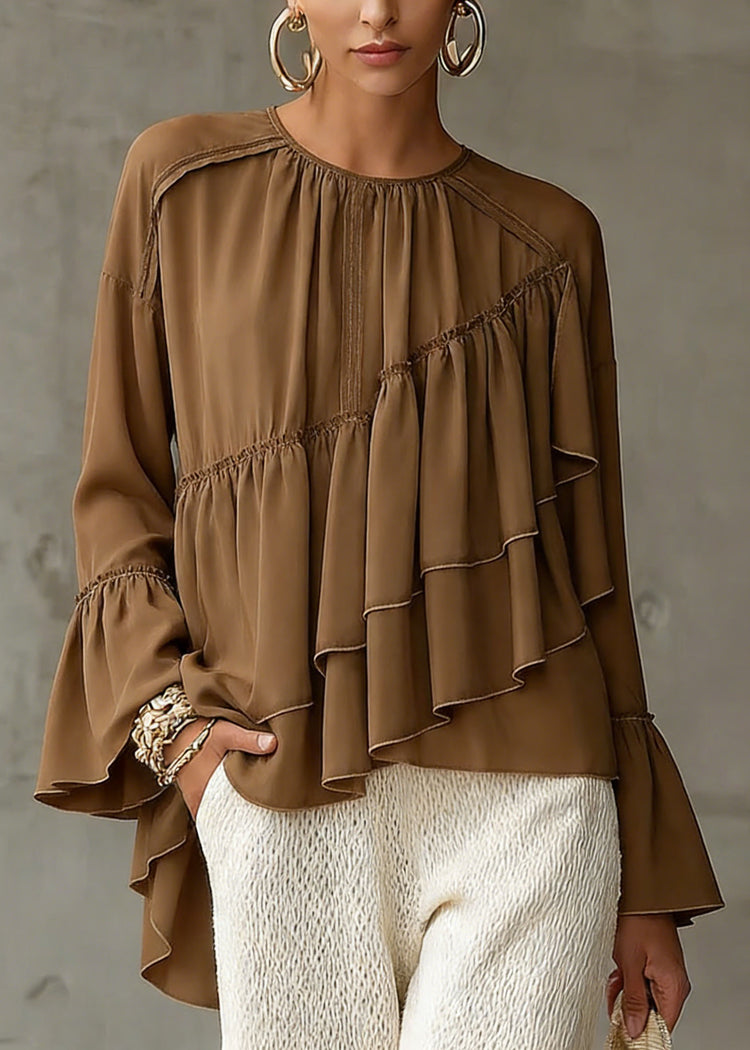 New Brown Asymmetrical Ruffled Patchwork Chiffon Shirt Top Spring - Omychic