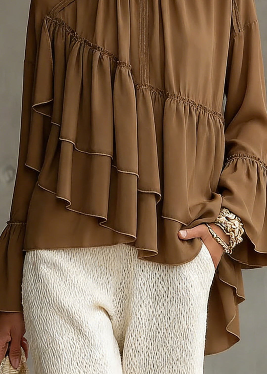 New Brown Asymmetrical Ruffled Patchwork Chiffon Shirt Top Spring - Omychic