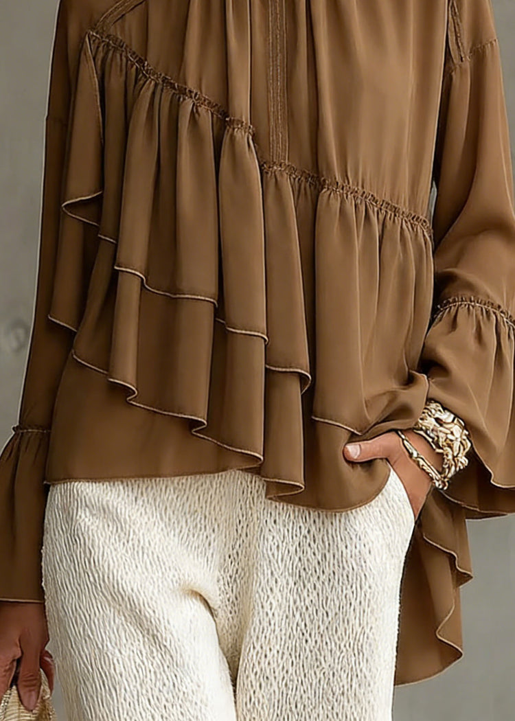 New Brown Asymmetrical Ruffled Patchwork Chiffon Shirt Top Spring - Omychic