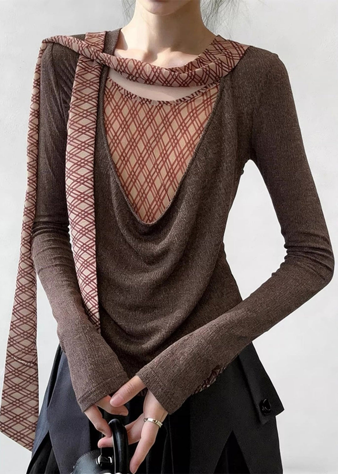 New Brown Bow Plaid Patchwork False Two Pieces Knit Sweaters Spring