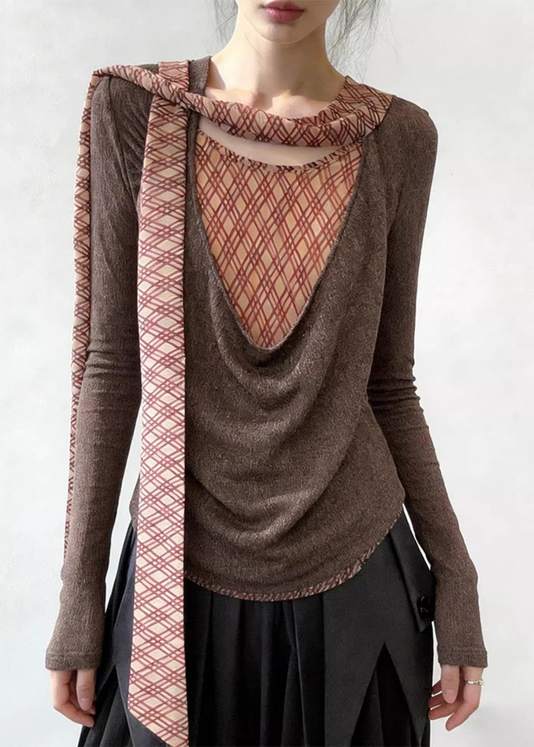 New Brown Bow Plaid Patchwork False Two Pieces Knit Sweaters Spring