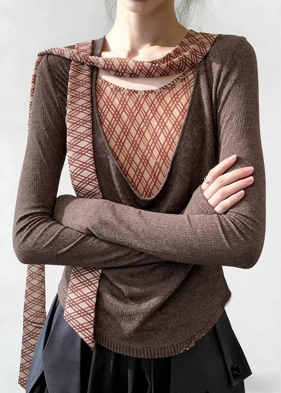 New Brown Bow Plaid Patchwork False Two Pieces Knit Sweaters Spring