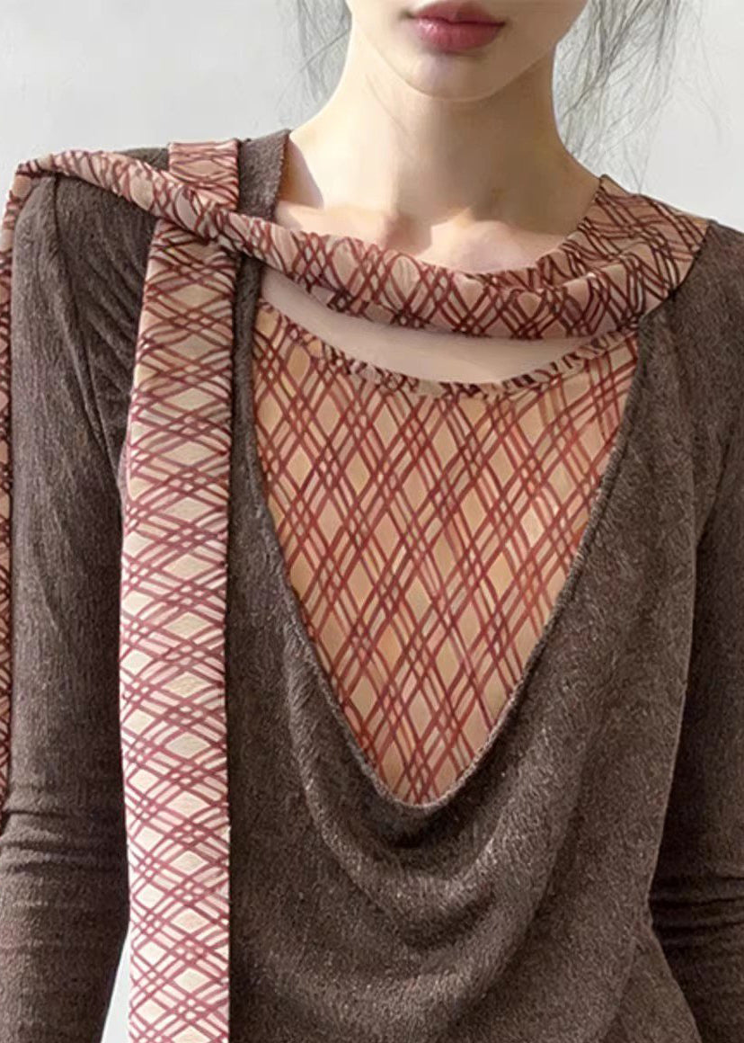 New Brown Bow Plaid Patchwork False Two Pieces Knit Sweaters Spring