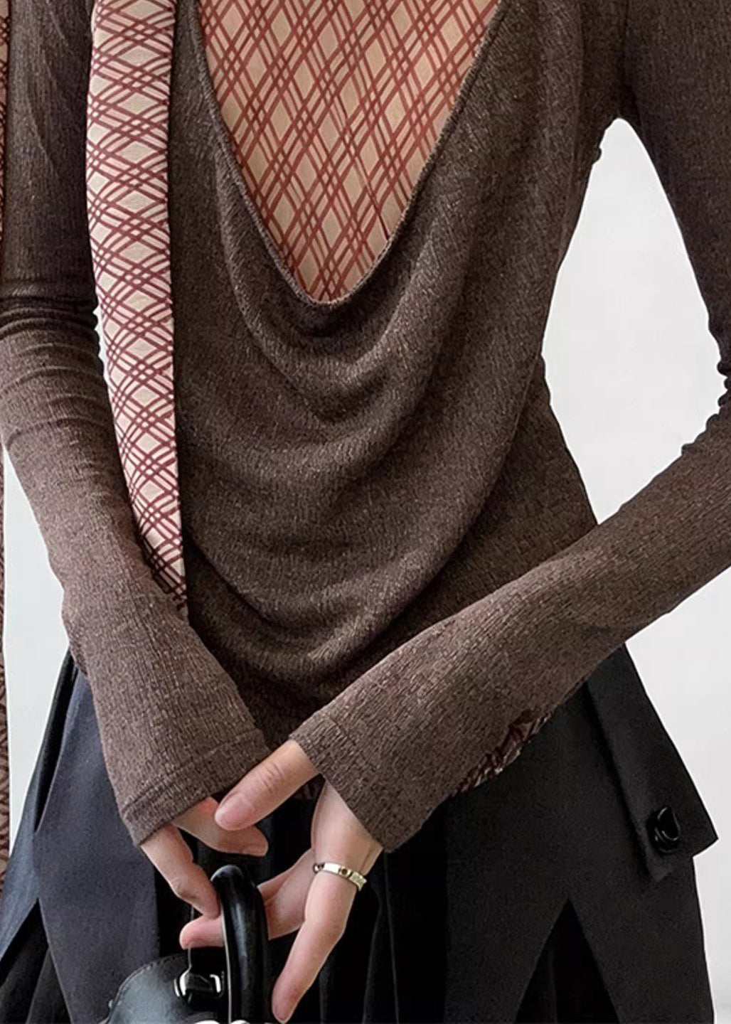 New Brown Bow Plaid Patchwork False Two Pieces Knit Sweaters Spring