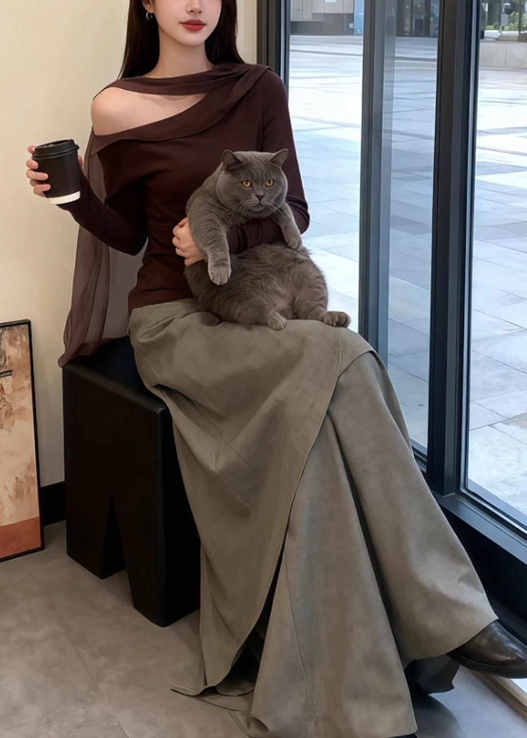 New Brown Cold Shoulder T Shirt And Asymmetrical Wide Leg Pants Two Pieces Set Spring