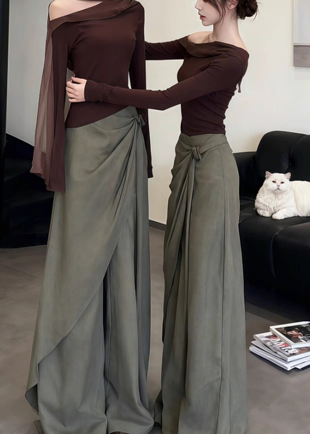 New Brown Cold Shoulder T Shirt And Asymmetrical Wide Leg Pants Two Pieces Set Spring
