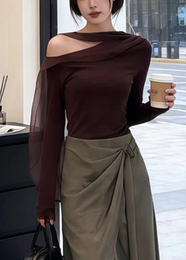 New Brown Cold Shoulder T Shirt And Asymmetrical Wide Leg Pants Two Pieces Set Spring