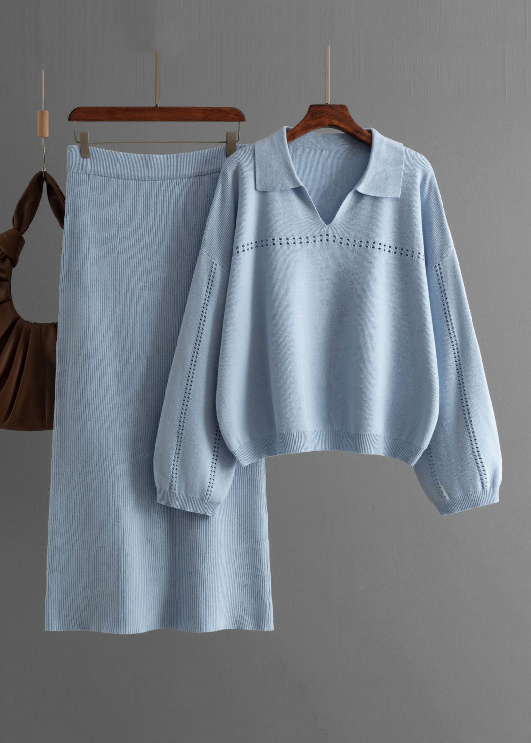 New Brown Hollow Out Tops And Skirts Knit Two Pieces Set Spring