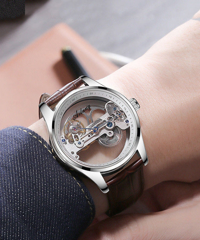 New Brown Leather Hollow Out Waterproof Watch