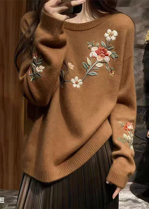 New Brown O Neck Embroidered Thick Knit Sweater Spring